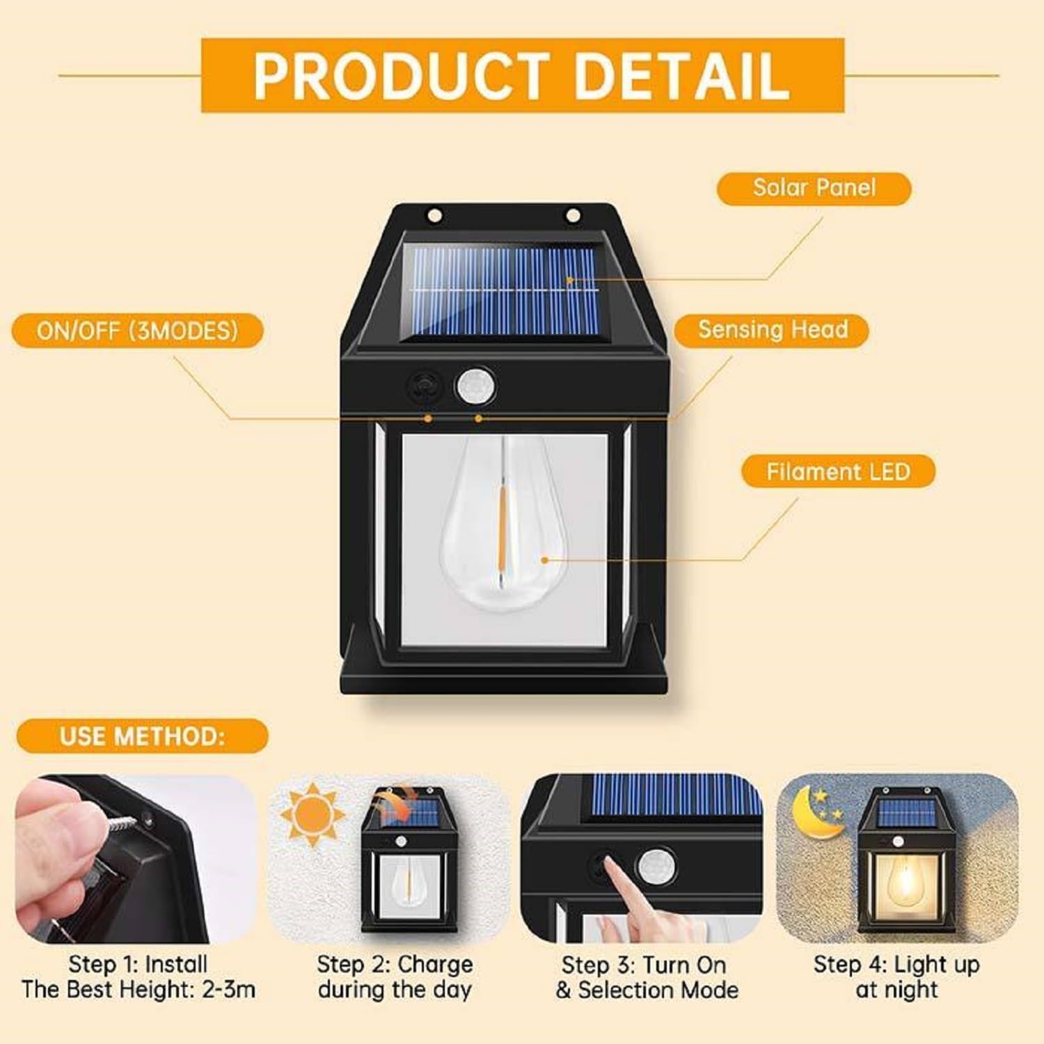 Outdoor Solar Wall Lamp With Motion Sensor Powered Waterproof Light 